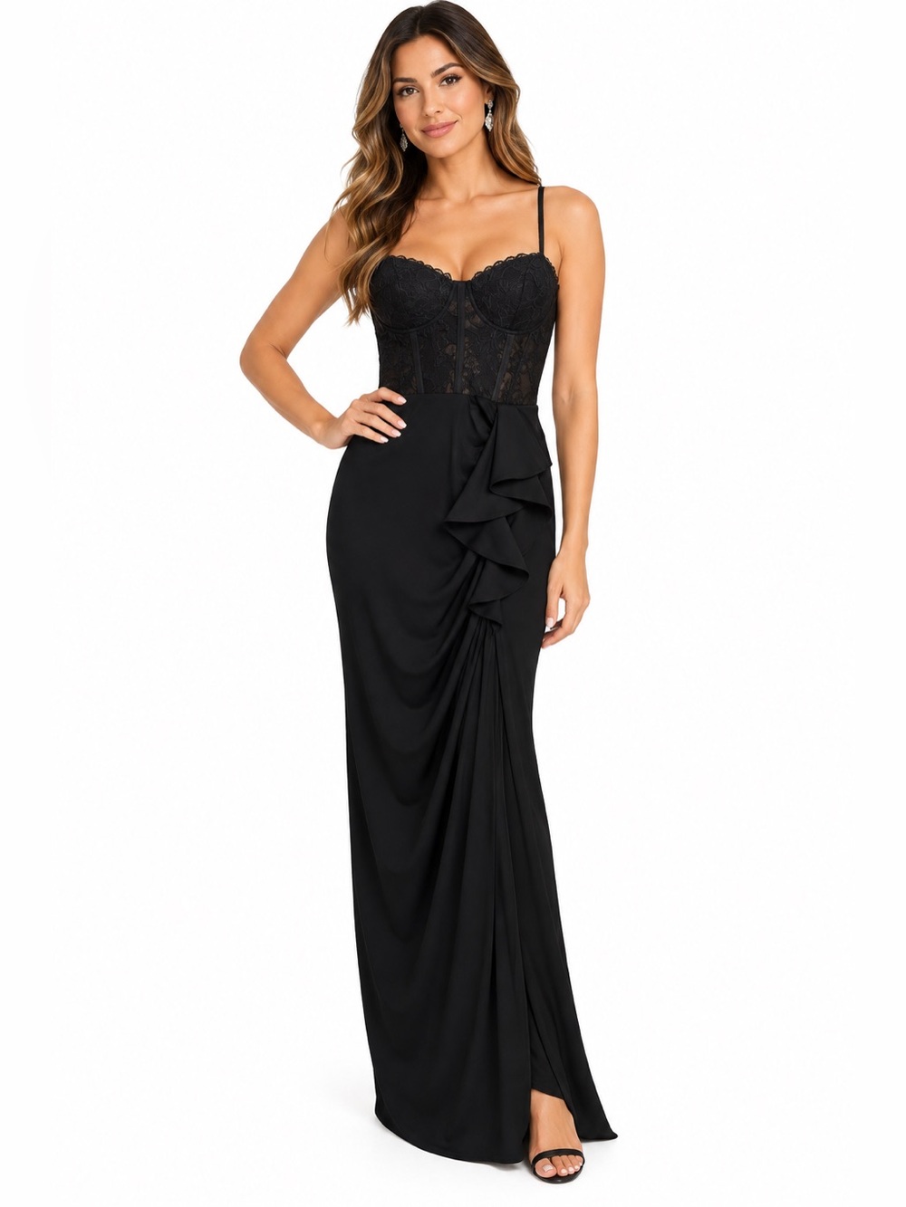 Hello Molly Black Lace Corset Ruffle Maxi Dress Size S NWT